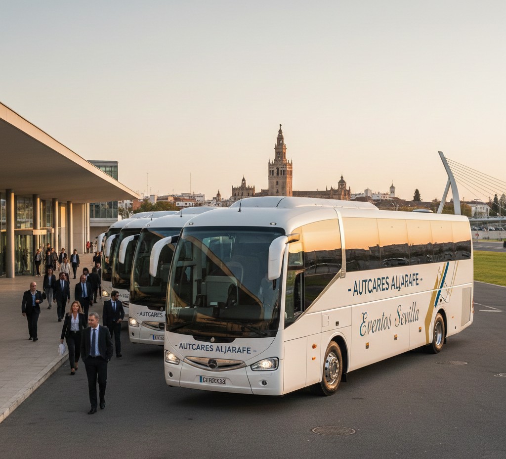 Flota de autocares modernos para eventos corporativos y sociales en Sevilla estacionados cerca de un centro de convenciones.