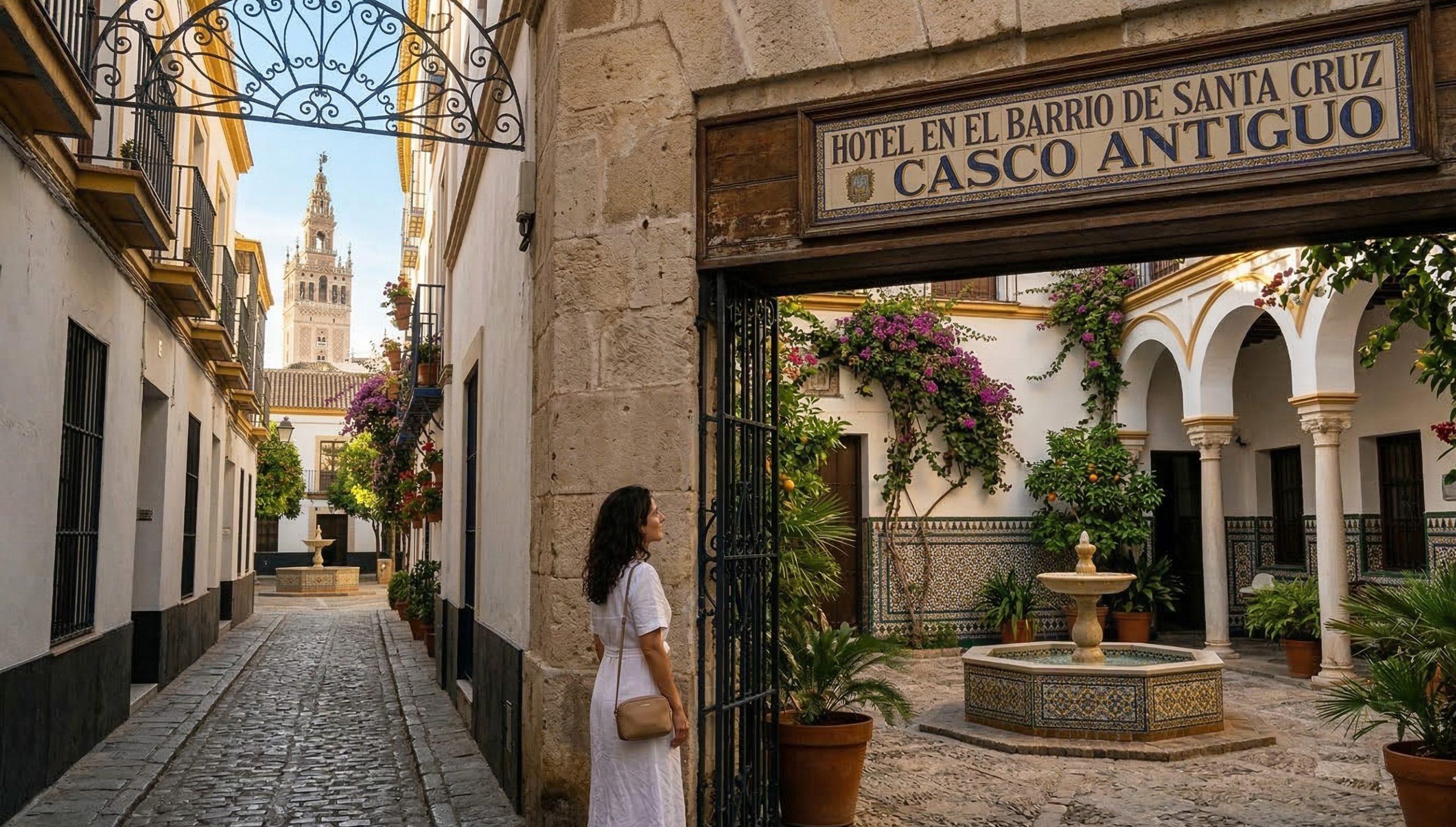Vistas panorámicas de la Giralda de Sevilla desde una terraza de un hotel en el centro.