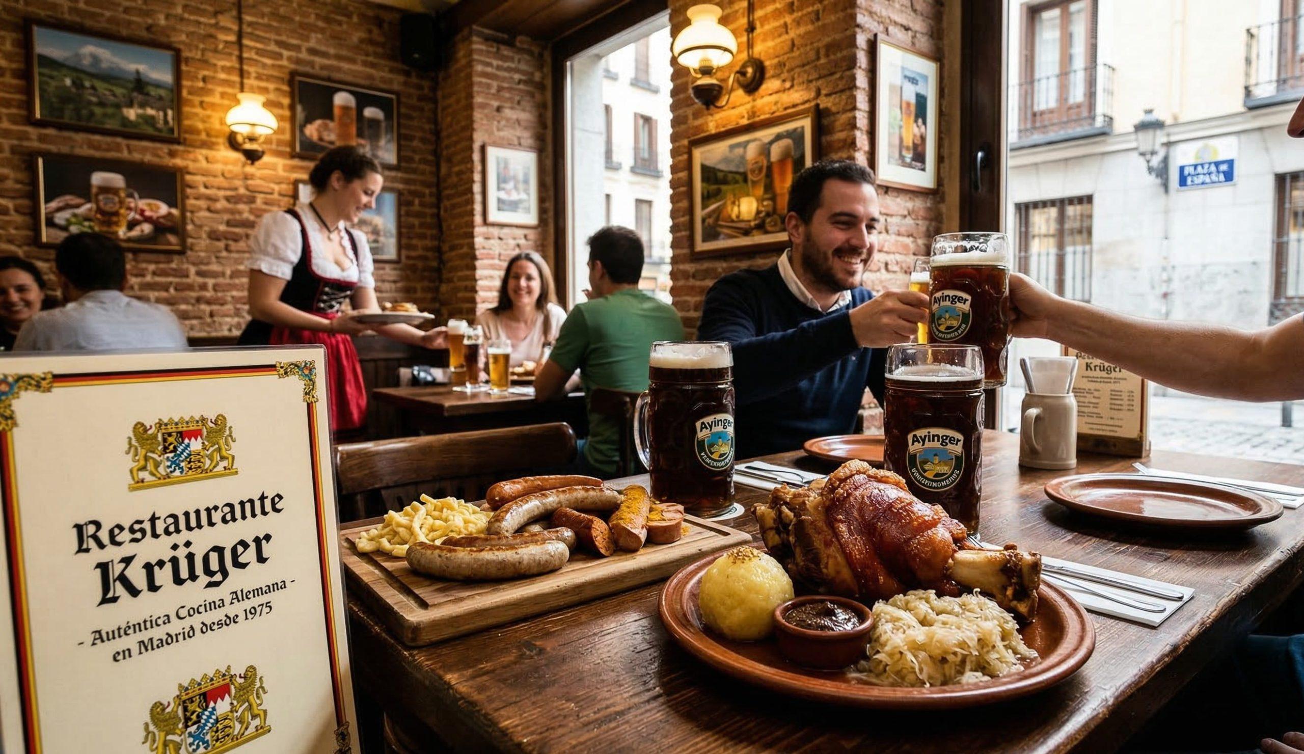 Una mesa servida con codillo asado, salchichas alemanas y jarras de cerveza en un acogedor restaurante alemán en Madrid.